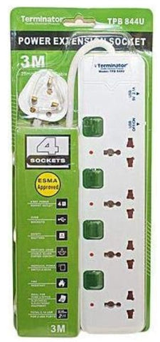 SOCKET 4 WAY OUTLET MULTI POWER SOCKET TERMINATOR 3M