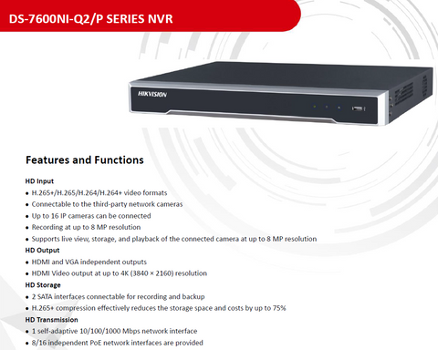 NVR HIKVISION 8CH CCTV 4K NVR 1U 8 PoE DS-7608NI-Q2/8P
